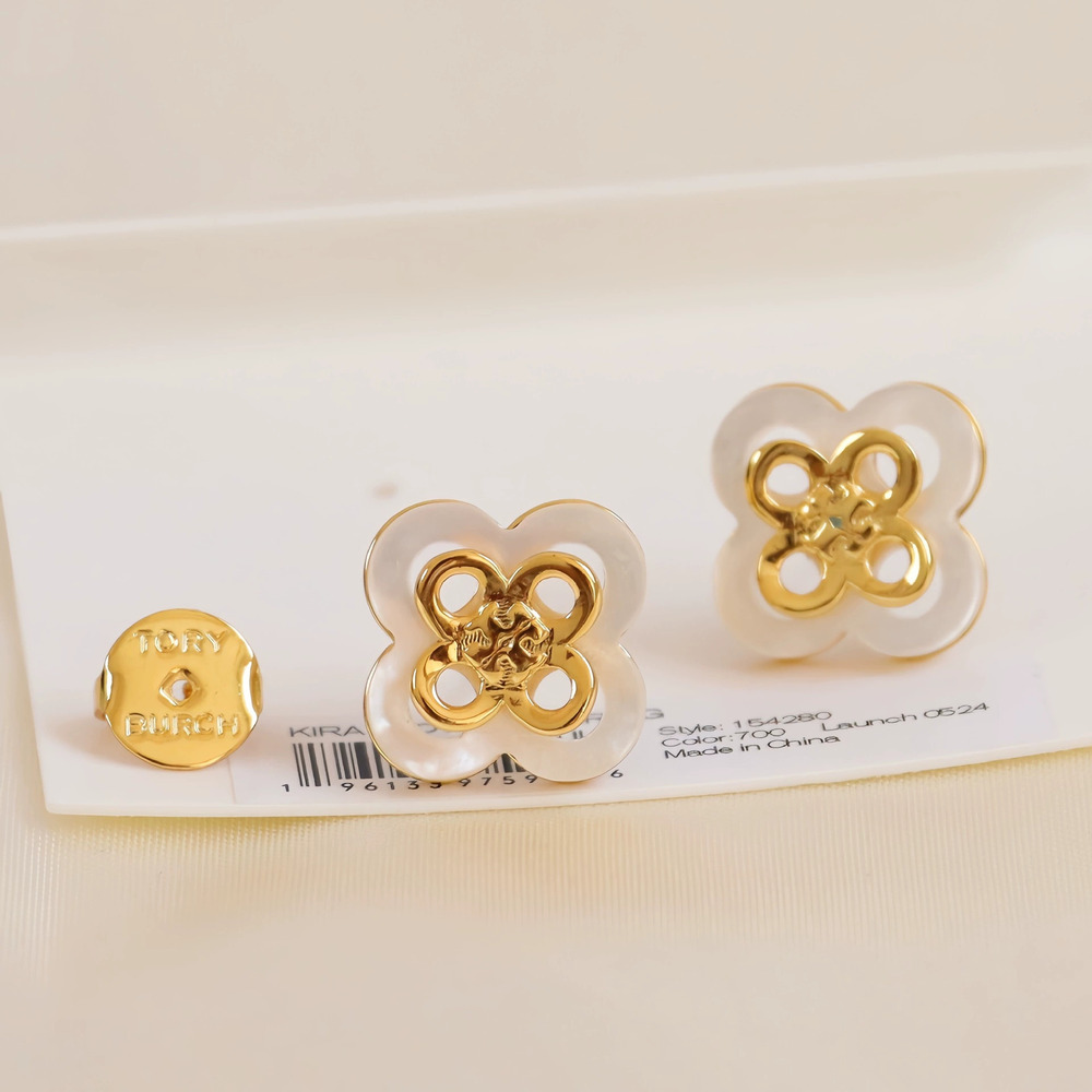 Tory Burch Gold Plated Copper Clover Shell Stud Earrings